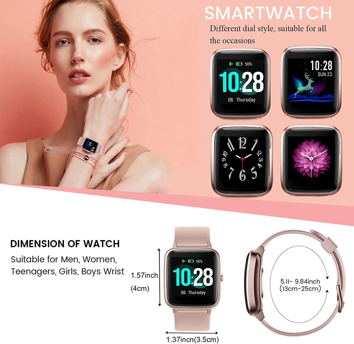 Fitness Tracker Smart Watch for Android Phones and Ios Phones Step Tracker Heart Rate Monitor, IP68 Waterproof Fitness Watch Sleep Monitoring, Calorie Counter, Pedometer Smartwatch for Women
