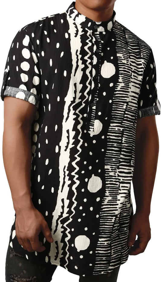 Mens Striped Henley Shirt Short Sleeve Traditional African Style Dashiki Shirts