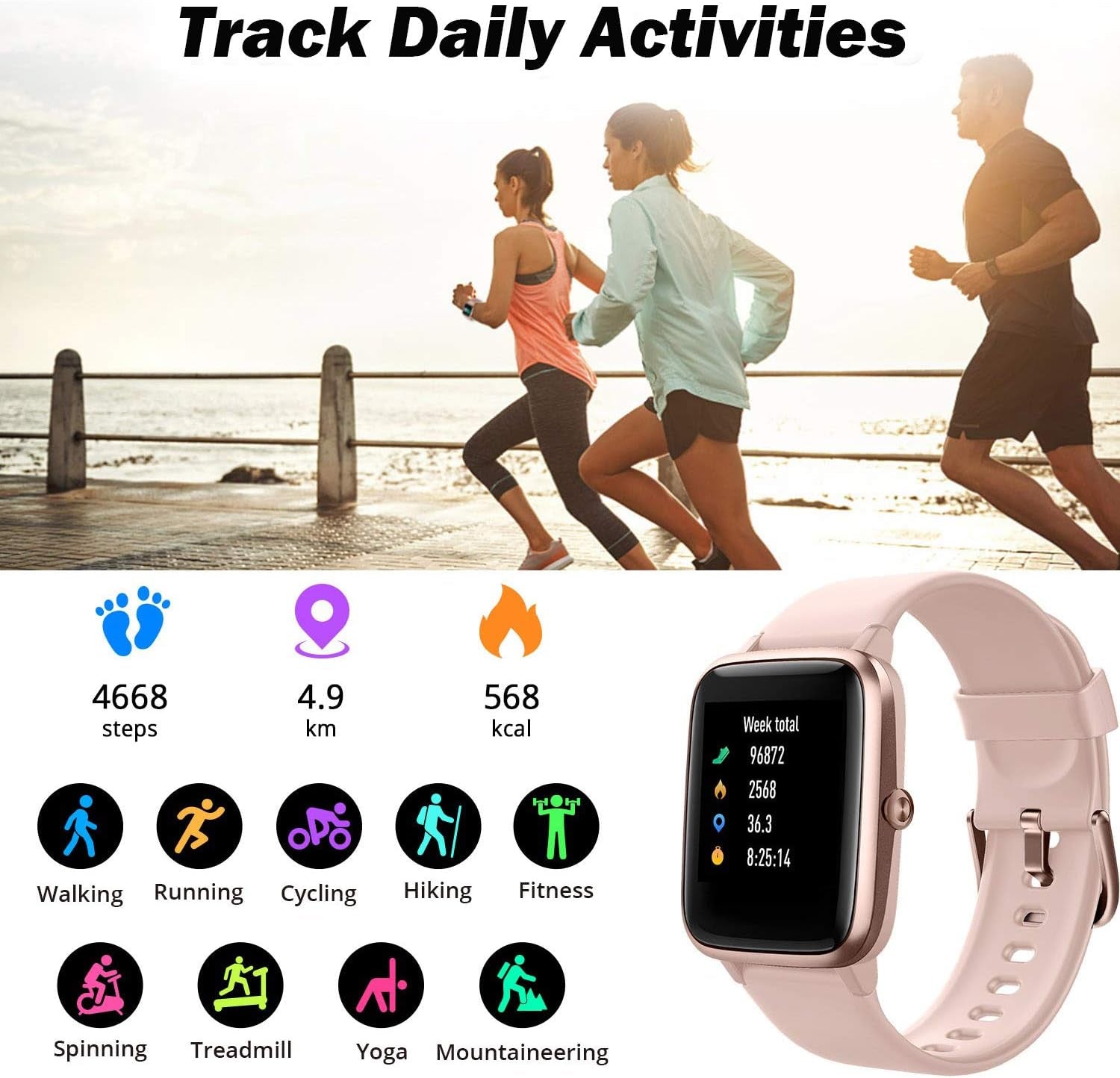 Fitness Tracker Smart Watch for Android Phones and Ios Phones Step Tracker Heart Rate Monitor, IP68 Waterproof Fitness Watch Sleep Monitoring, Calorie Counter, Pedometer Smartwatch for Women
